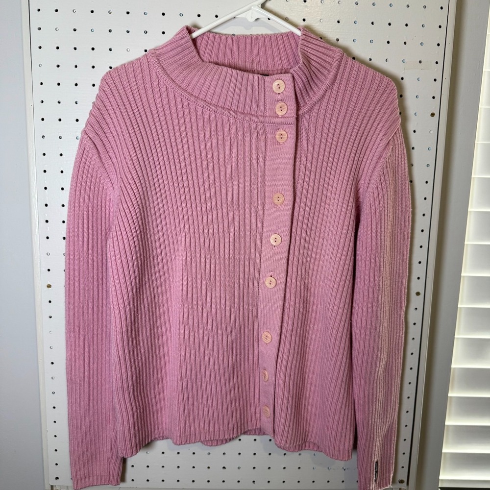 Saint James Side Button Cardigan Women's Medium Pink Rib Knit‎ Pure Wool Sweater